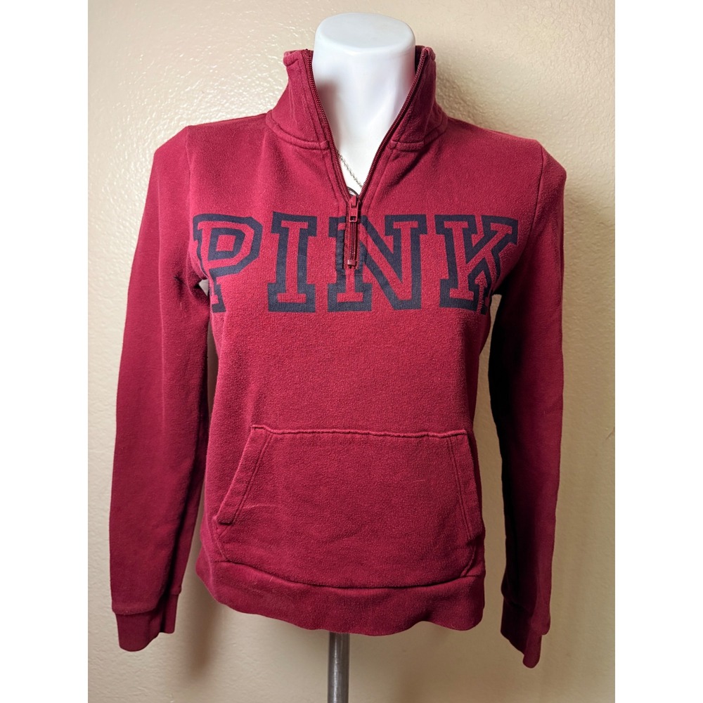 Victoria's Secret PINK Quarter Zip Pullover Fleece Maroon Burgundy XS #7